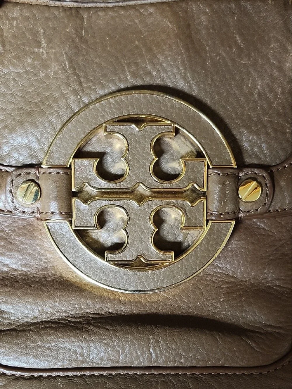 Tory Burch Amanda Brown Leather Satchel Handbag with Gold Logo Accent
